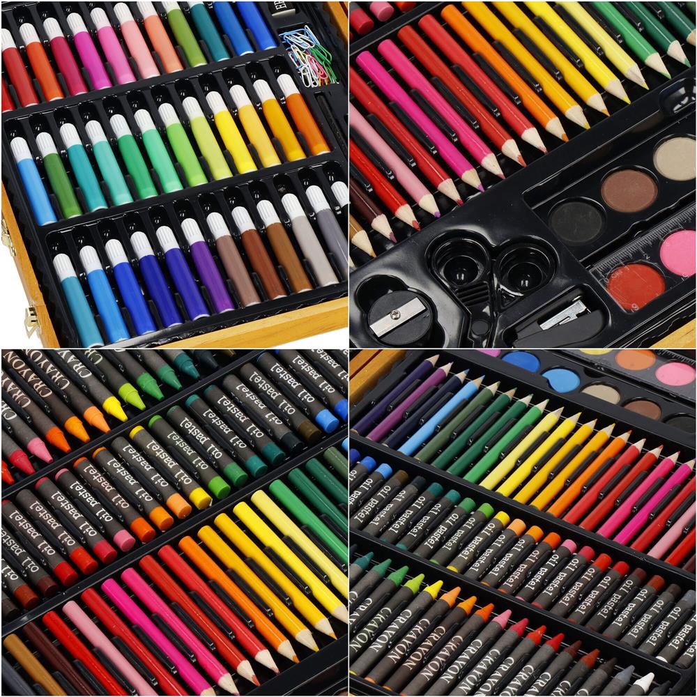 Set de pictura si desen pentru copii, 150 de piese, trusa lemn maro