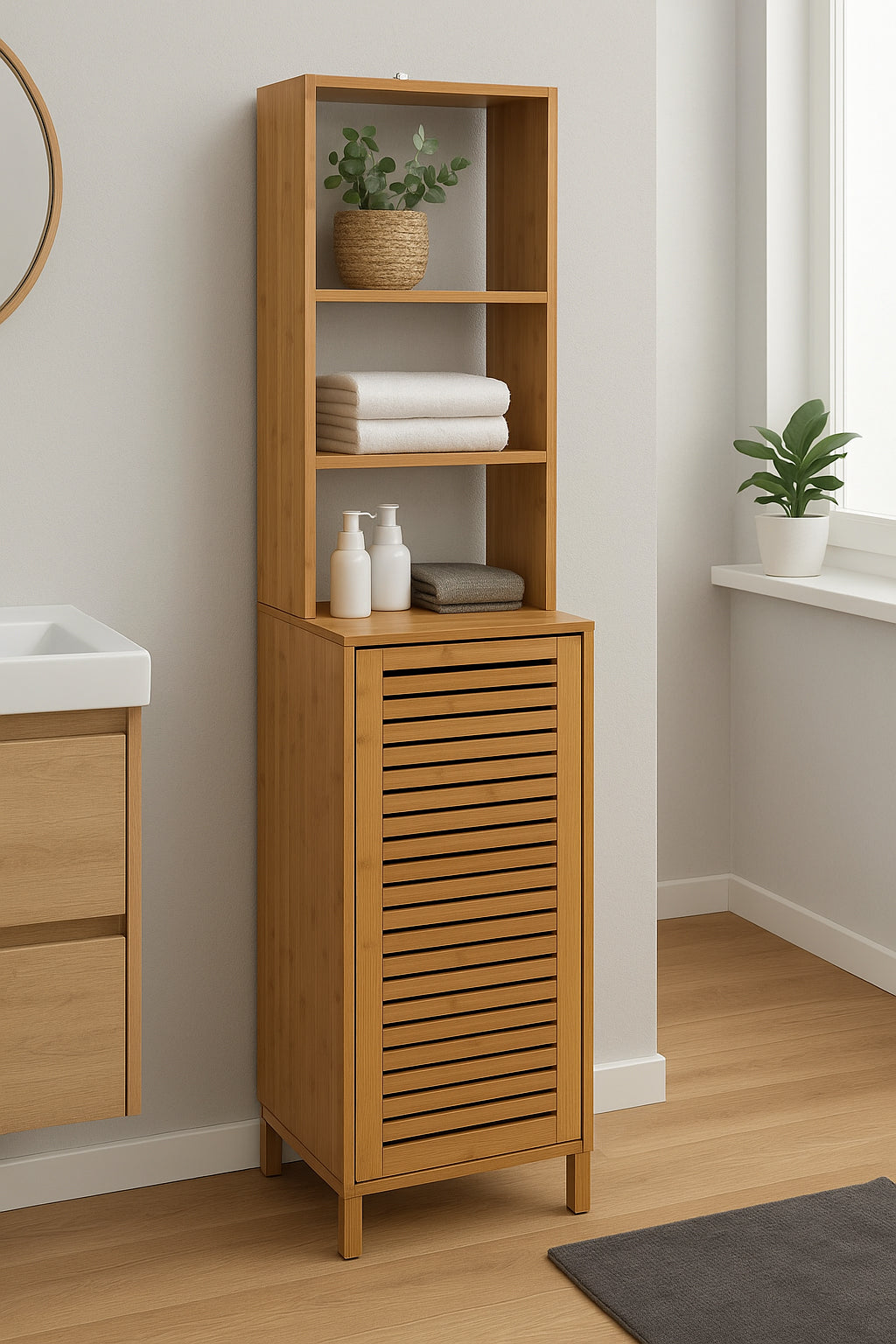 Dulap baie 5Five Sicela cu usa si rafturi, bambus, 38x33x168 cm, natur