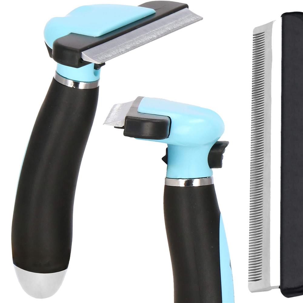 Perie trimmer pentru caini si pisici cu par lung sau scurt, autocuratare, lama 10cm, negru albastru