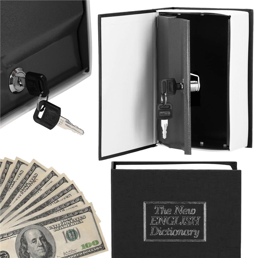 Caseta de valori, cutie metalica cu cheie, portabila, tip carte, Dictionar, negru, 24x15.5x5.5 cm