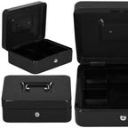 Caseta pentru bani tip cutie de valori, compartimentanta, cu cheie, metal, 25x20x9cm, negru