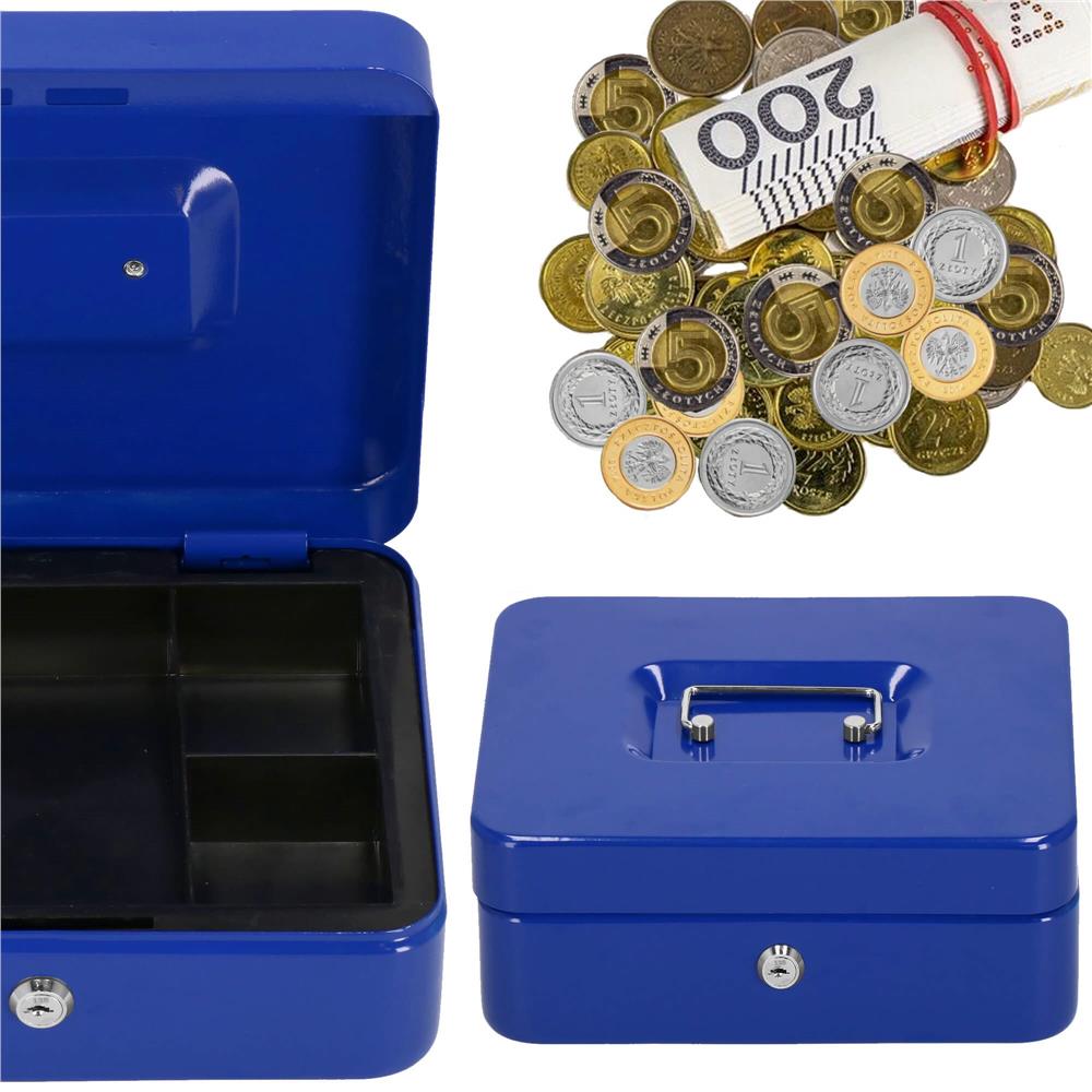 Caseta pentru bani tip cutie de valori, compartimentanta, cu cheie, metal, 25x20x9cm, albastru