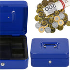 Caseta pentru bani tip cutie de valori, compartimentanta, cu cheie, metal, 25x20x9cm, albastru