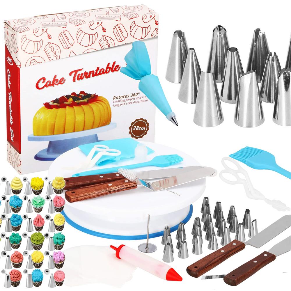 Set patiserie cu platou rotativ, 37 piese cu sabloane pentru ornarea prajiturilor
