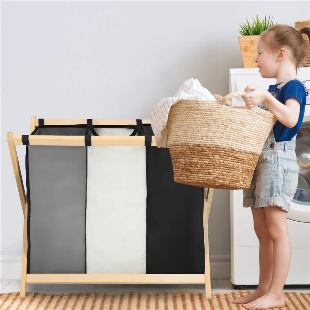 Cos de rufe cu 3 compartimente, cadru din lemn, 67x43x55 cm, 105 litri