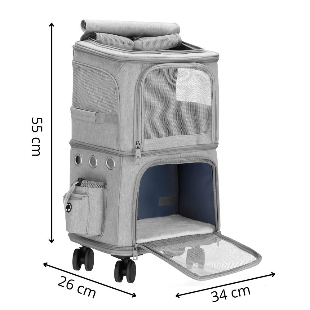 Carucior tip troller pentru transport animale, dublu cu 2 compartimente separate, maxim 22 kg, 55x34x26 cm, gri