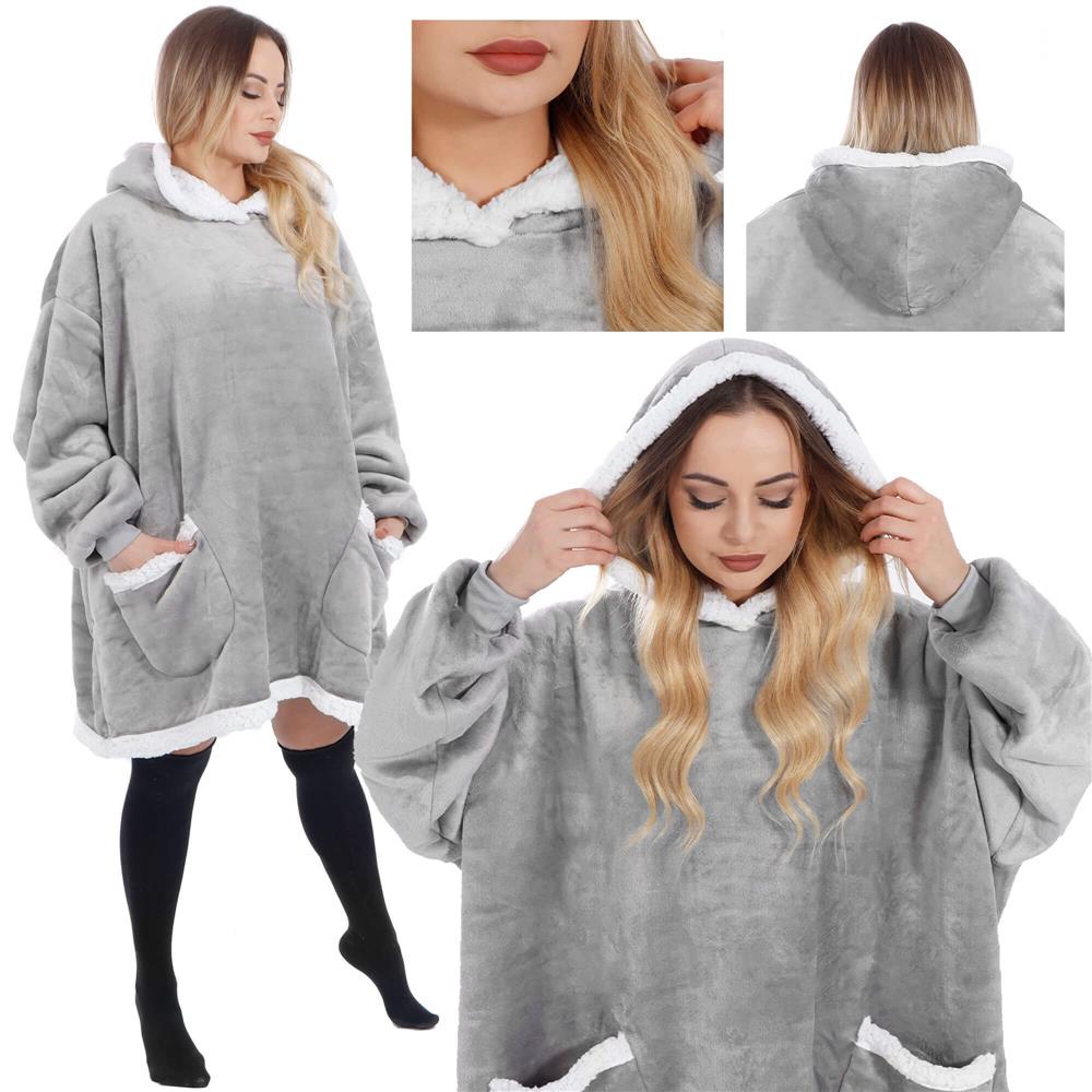 Patura tip hanorac, cu maneci, gluga si buzunare, material plus, marime universala, gri