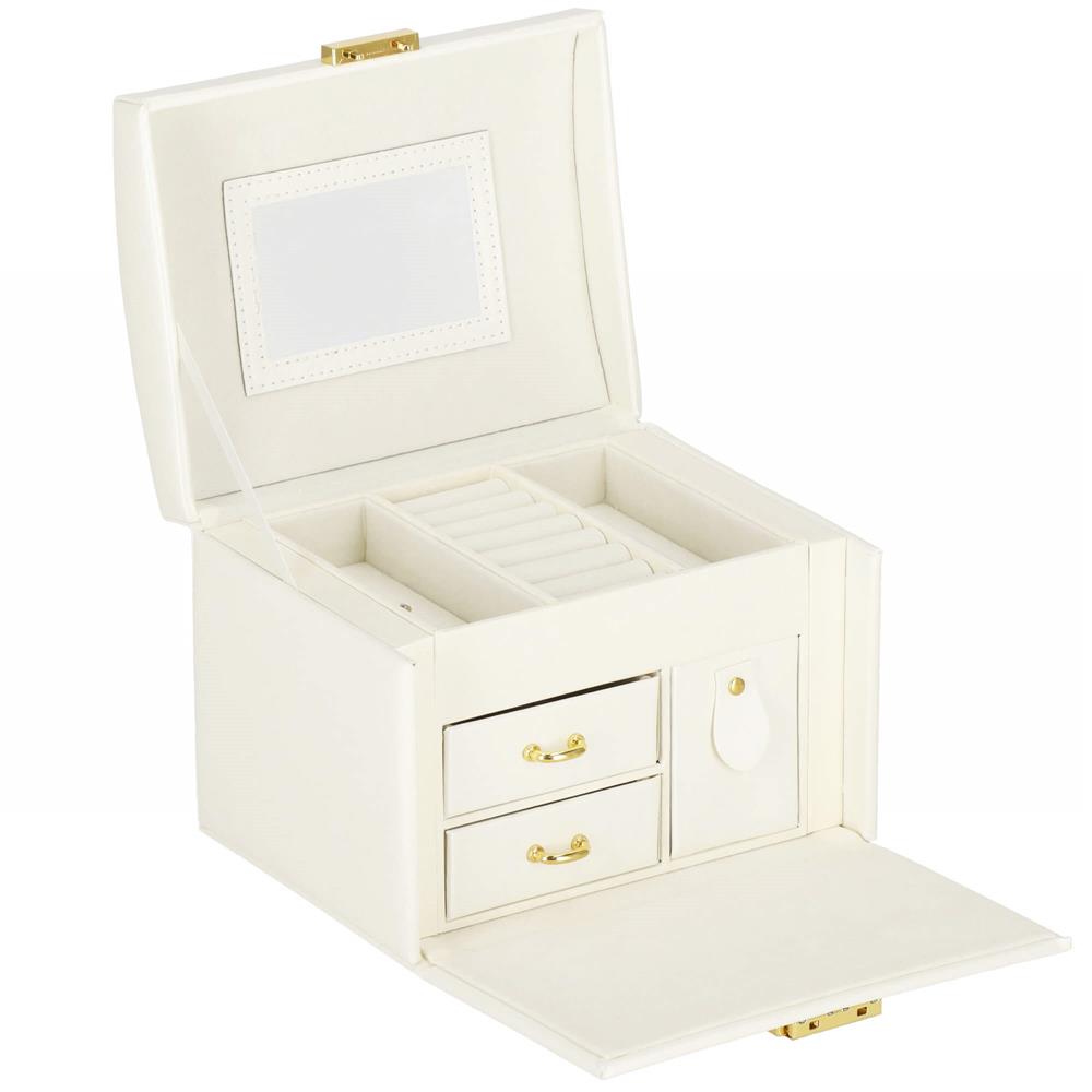 (DL) Cutie depozitare si organizare bijuterii, MDF, piele ecologica, 17,5 x 12 x 13,5 cm., crem