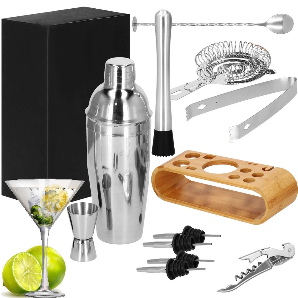 Set Cocktail Shaker Kit pentru barmani 750ml, KI25, suport bambus, 12 piese
