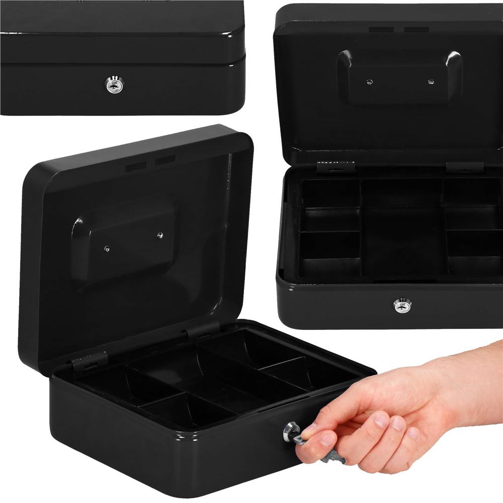 Caseta pentru bani tip cutie de valori, compartimentanta, cu cheie, metal, 25x20x9cm, negru