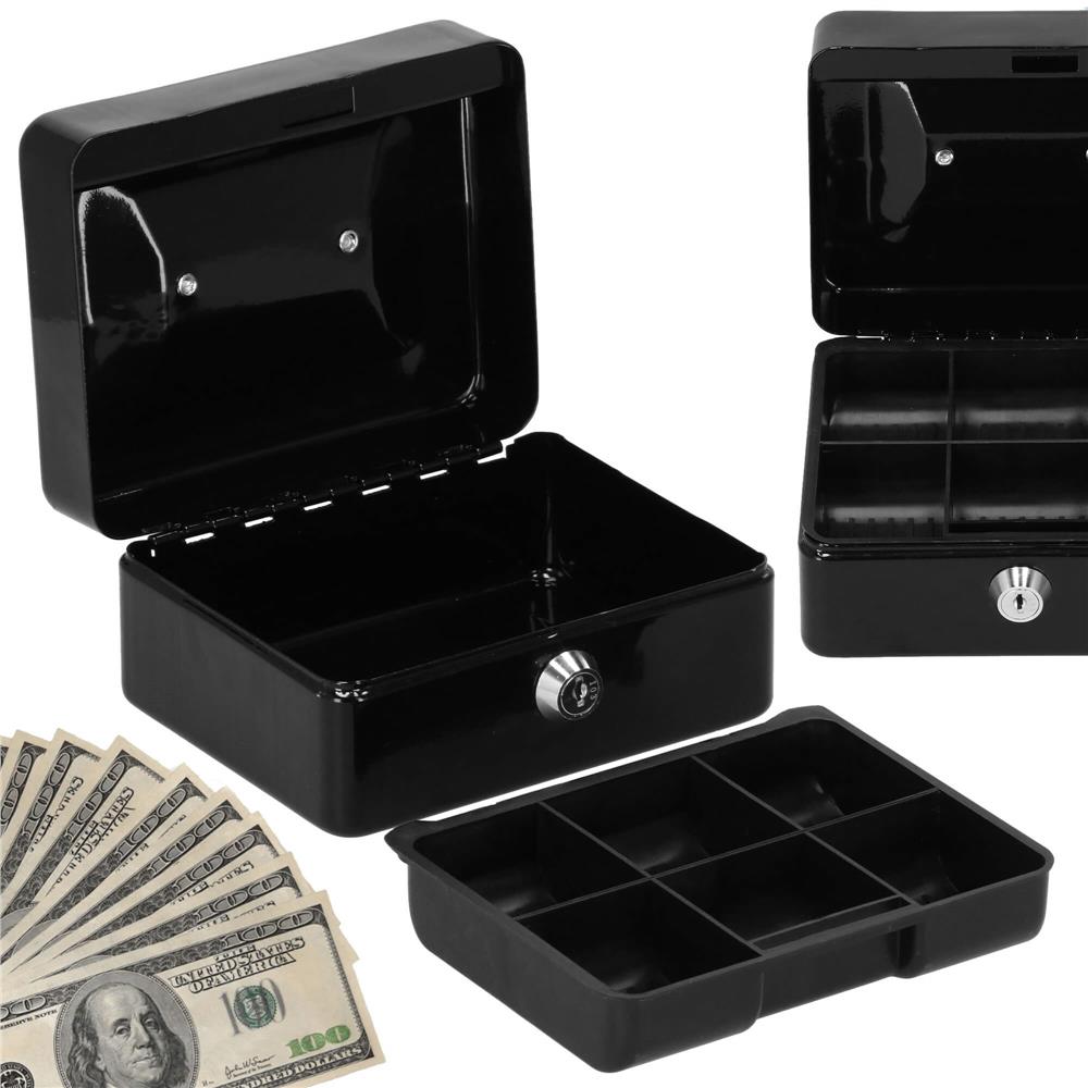 Caseta pentru bani tip cutie de valori, compartimentanta, cu cheie, metal, 15x12x8cm, negru