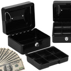 Caseta pentru bani tip cutie de valori, compartimentanta, cu cheie, metal, 15x12x8cm, negru