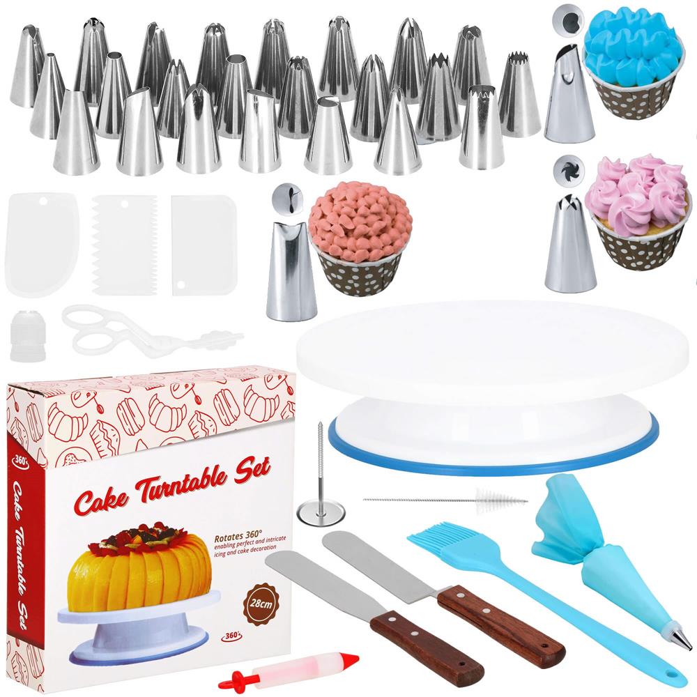 Set patiserie cu platou rotativ, 37 piese cu sabloane pentru ornarea prajiturilor