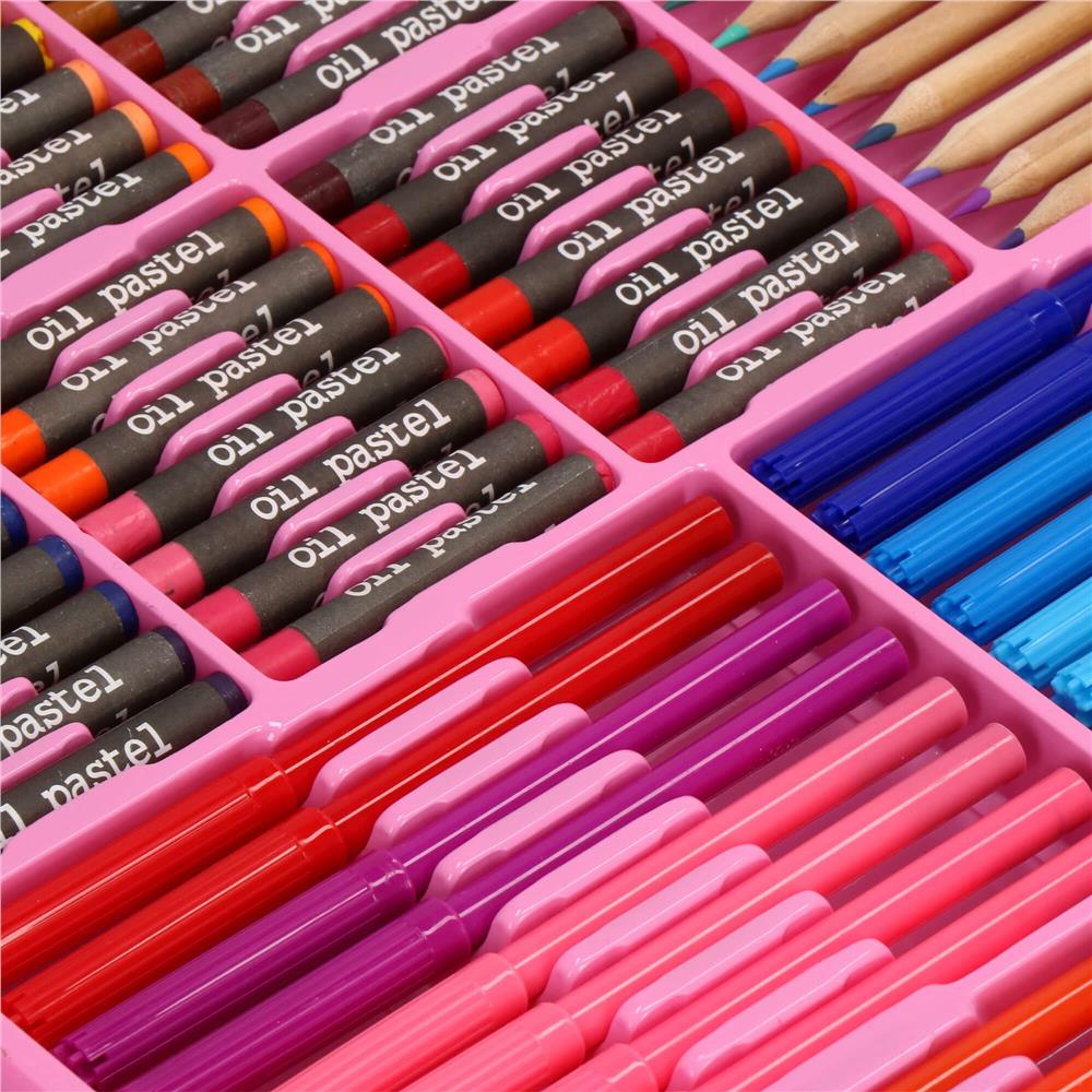 Set de pictura si desen pentru copii, 258 de piese, trusa plastic roz