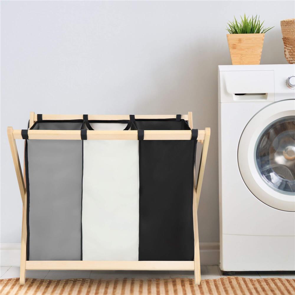 Cos de rufe cu 3 compartimente, cadru din lemn, 67x43x55 cm, 105 litri