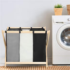 Cos de rufe cu 3 compartimente, cadru din lemn, 67x43x55 cm, 105 litri