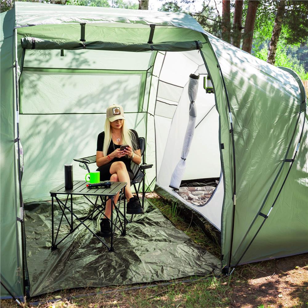 Cort camping, impemeabil, 2 camere + hol, 4 locuri, 460x200x245cm, verde