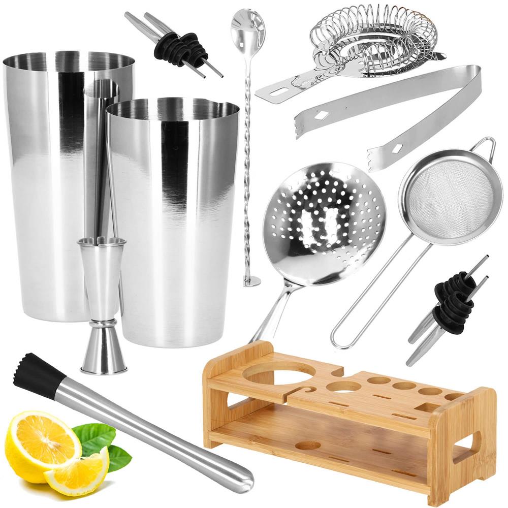 Set Cocktail Shaker Kit pentru barmani 750ml, KI11, suport bambus, 14 piese