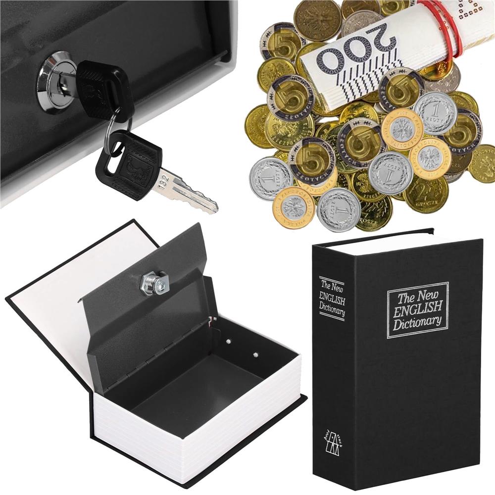 Caseta de valori, cutie metalica cu cheie, portabila, tip carte, Dictionar, negru, 24x15.5x5.5 cm