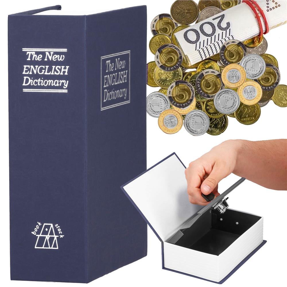 Caseta de valori, cutie metalica cu cheie, portabila, tip carte, Dictionar, albastru, 18x11.5x5.5 cm