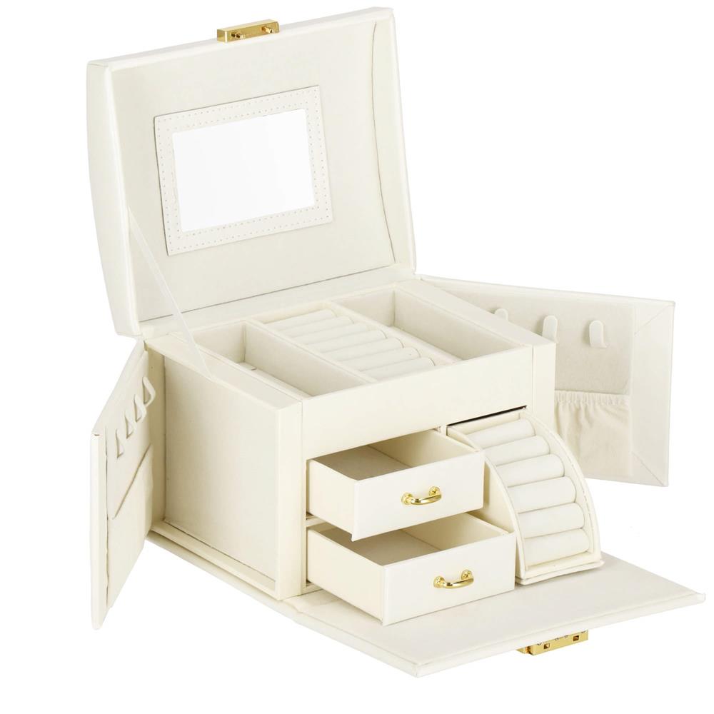 (DL) Cutie depozitare si organizare bijuterii, MDF, piele ecologica, 17,5 x 12 x 13,5 cm., crem