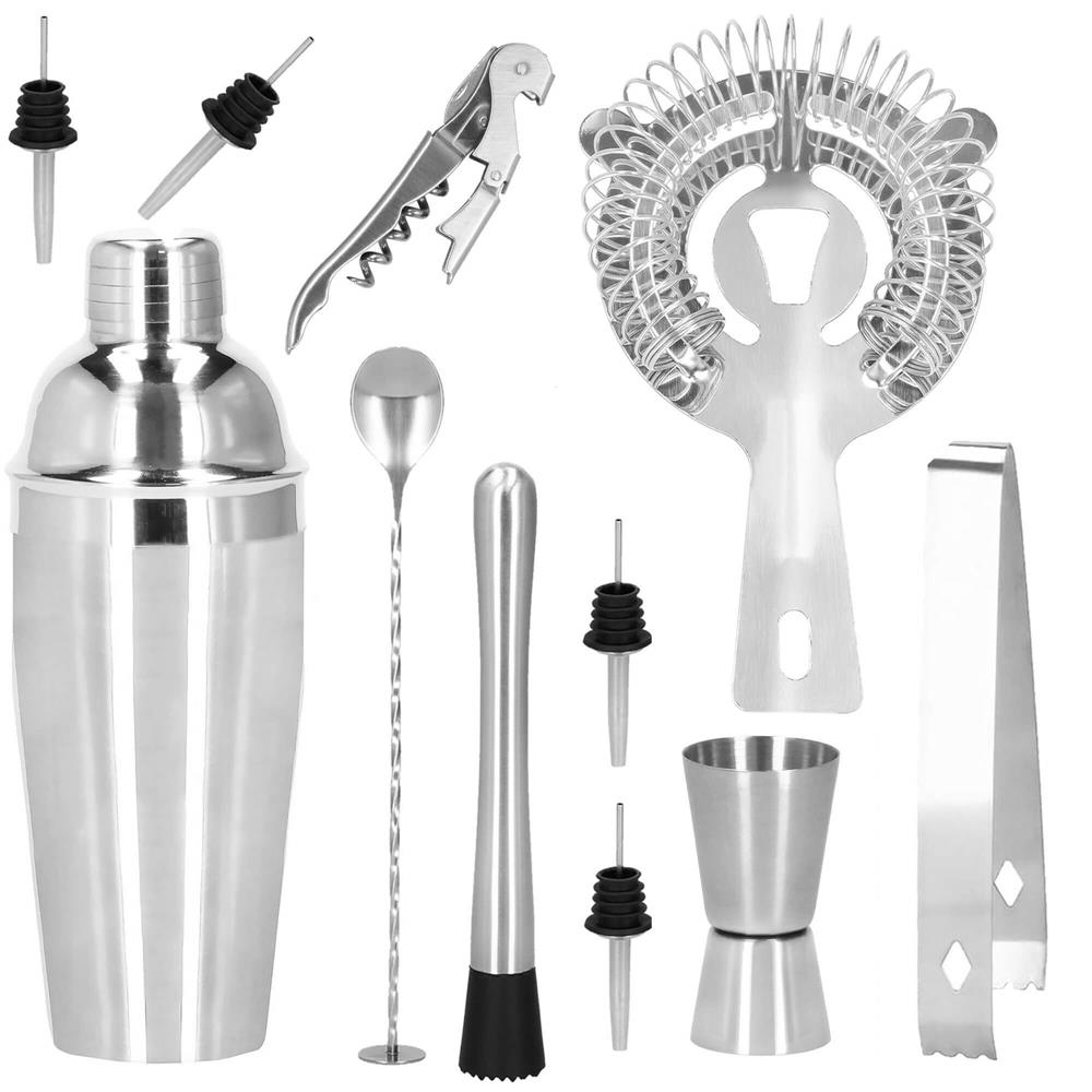 Set Cocktail Shaker Kit pentru barmani 750ml, KI25, suport bambus, 12 piese