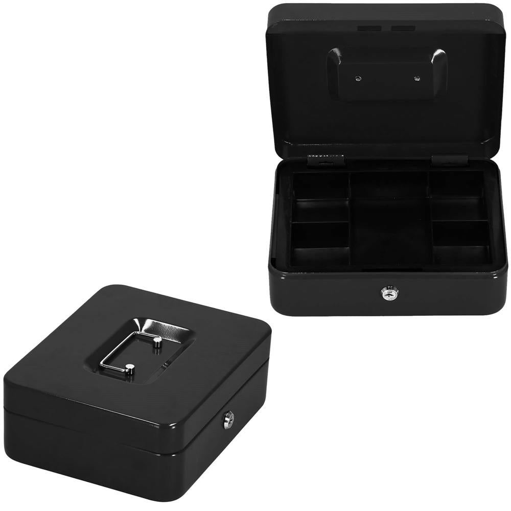 Caseta pentru bani tip cutie de valori, compartimentanta, cu cheie, metal, 25x20x9cm, negru