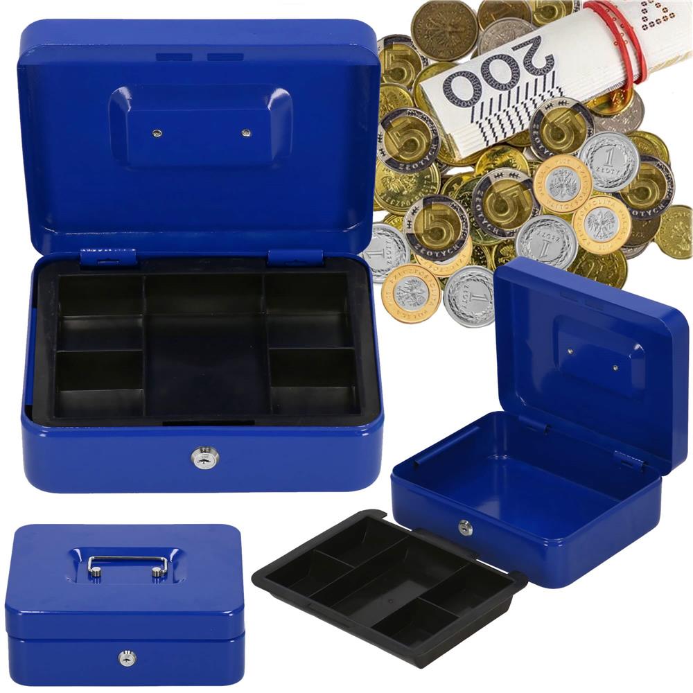 Caseta pentru bani tip cutie de valori, compartimentanta, cu cheie, metal, 20x16x9cm, albastru