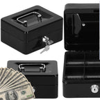 Caseta pentru bani tip cutie de valori, compartimentanta, cu cheie, metal, 15x12x8cm, negru