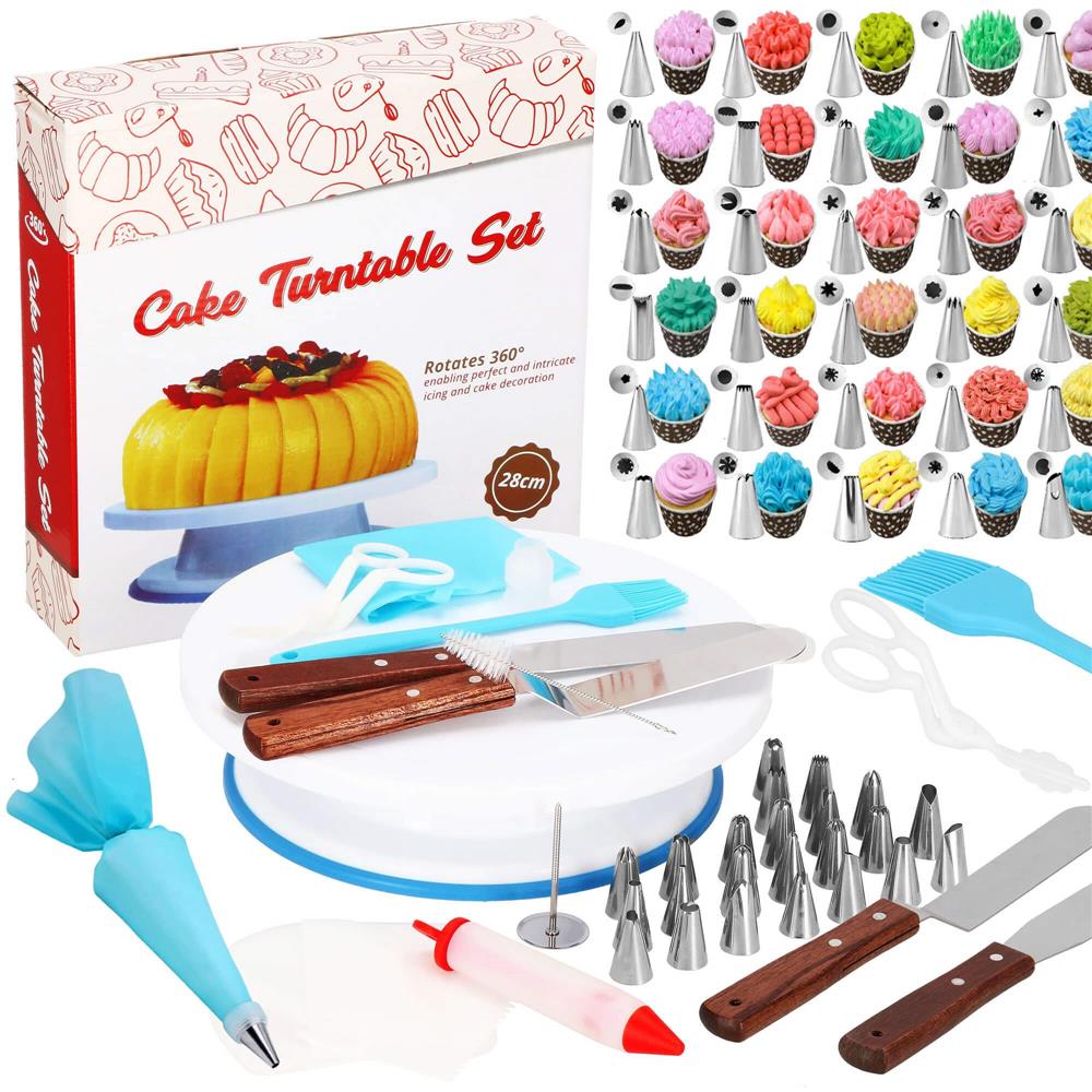 Set patiserie cu platou rotativ, 37 piese cu sabloane pentru ornarea prajiturilor