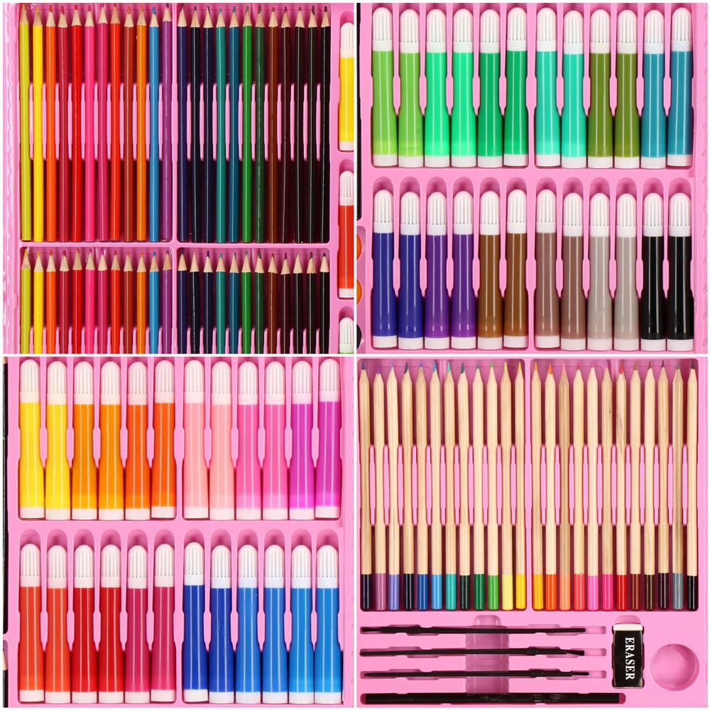 Set de pictura si desen pentru copii, 258 de piese, trusa plastic roz