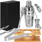 Set Cocktail Shaker Kit pentru barmani 550ml, KI22, suport bambus, 9 piese