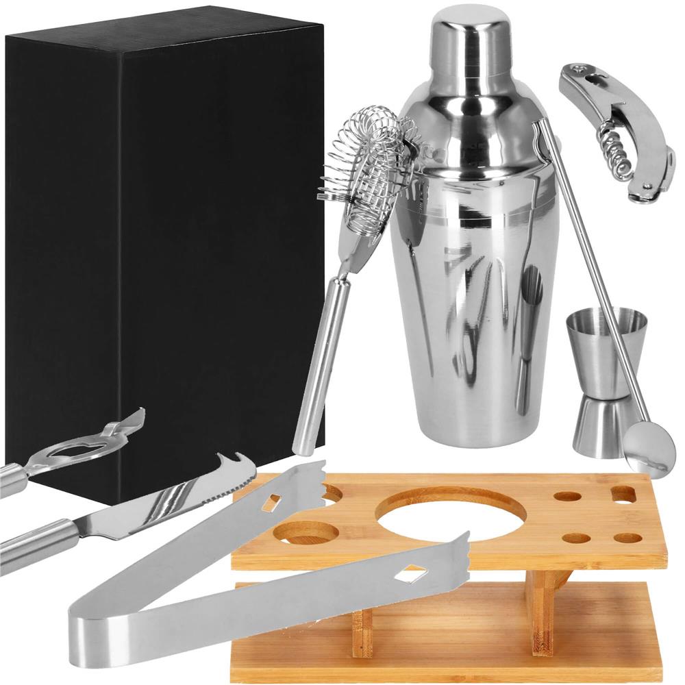 Set Cocktail Shaker Kit pentru barmani 550ml, KI22, suport bambus, 9 piese