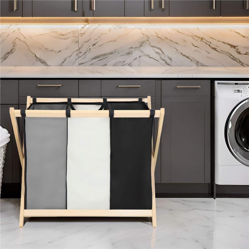 Cos de rufe cu 3 compartimente, cadru din lemn, 67x42x57 cm, 105 litri