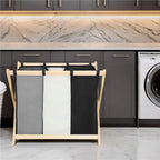 Cos de rufe cu 3 compartimente, cadru din lemn, 67x43x55 cm, 105 litri