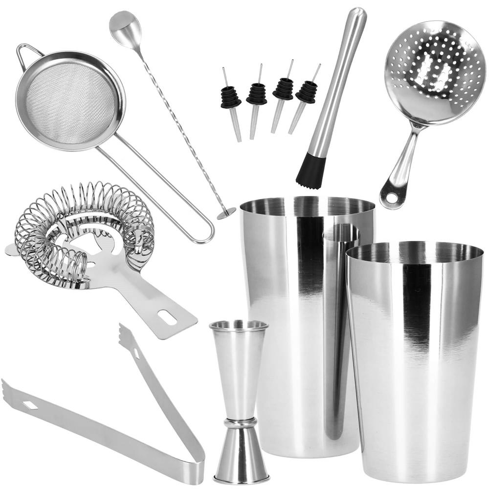 Set Cocktail Shaker Kit pentru barmani 750ml, KI11, suport bambus, 14 piese