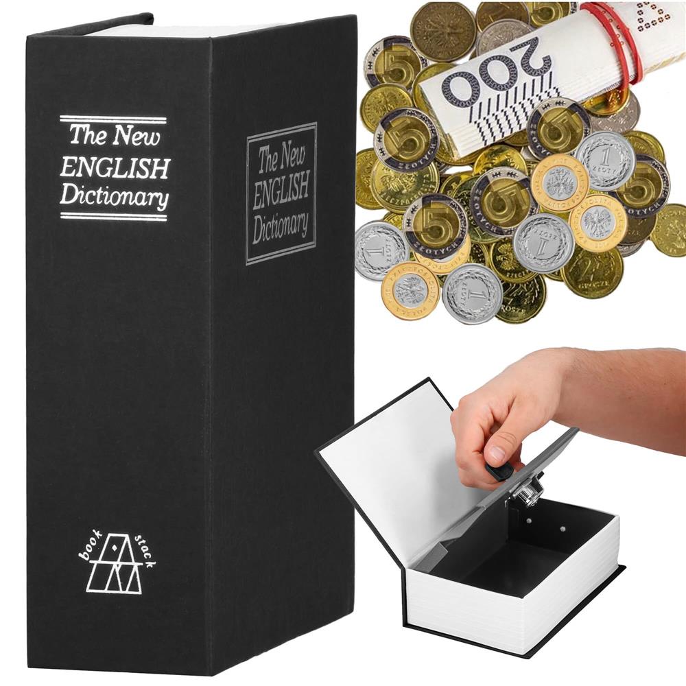 Caseta de valori, cutie metalica cu cheie, portabila, tip carte, Dictionar, negru, 24x15.5x5.5 cm