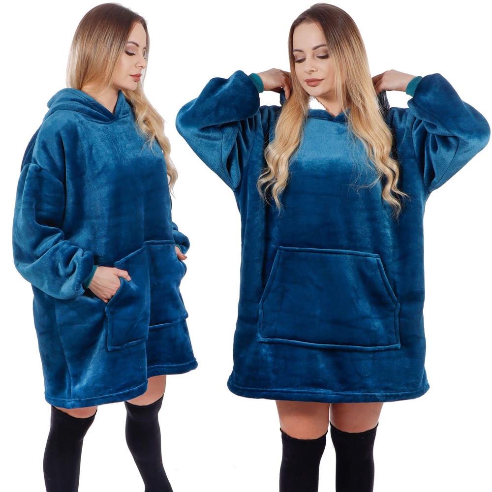 Patura tip hanorac, cu maneci, gluga si buzunare, material plus, marime universala, albastra