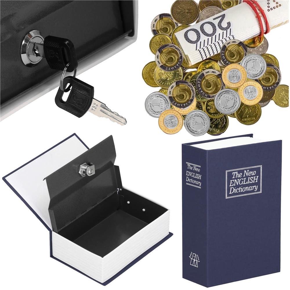 Caseta de valori, cutie metalica cu cheie, portabila, tip carte, Dictionar, albastru, 18x11.5x5.5 cm