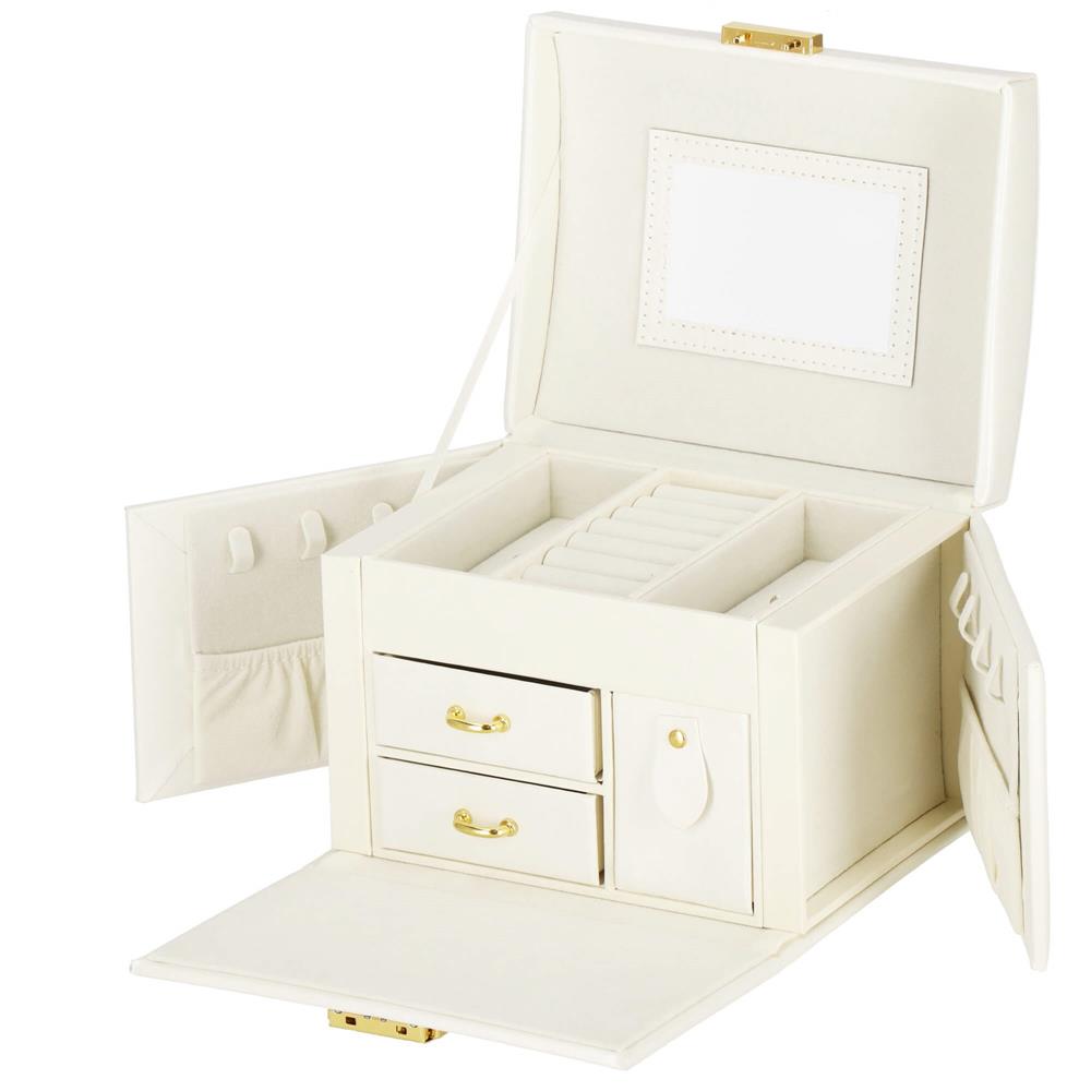(DL) Cutie depozitare si organizare bijuterii, MDF, piele ecologica, 17,5 x 12 x 13,5 cm., crem