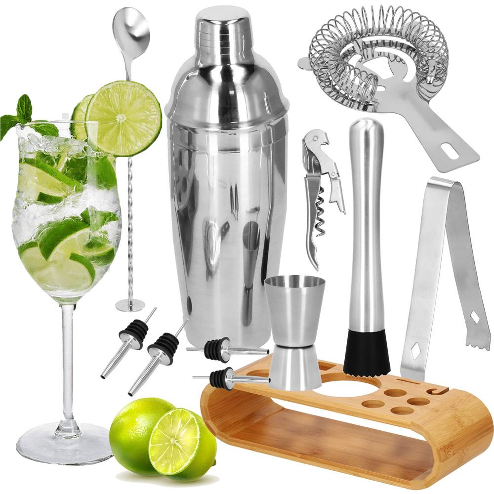 Set Cocktail Shaker Kit pentru barmani 750ml, KI25, suport bambus, 12 piese