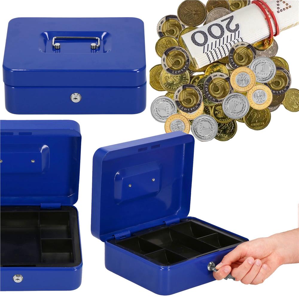 Caseta pentru bani tip cutie de valori, compartimentanta, cu cheie, metal, 25x20x9cm, albastru