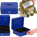 Caseta pentru bani tip cutie de valori, compartimentanta, cu cheie, metal, 25x20x9cm, albastru