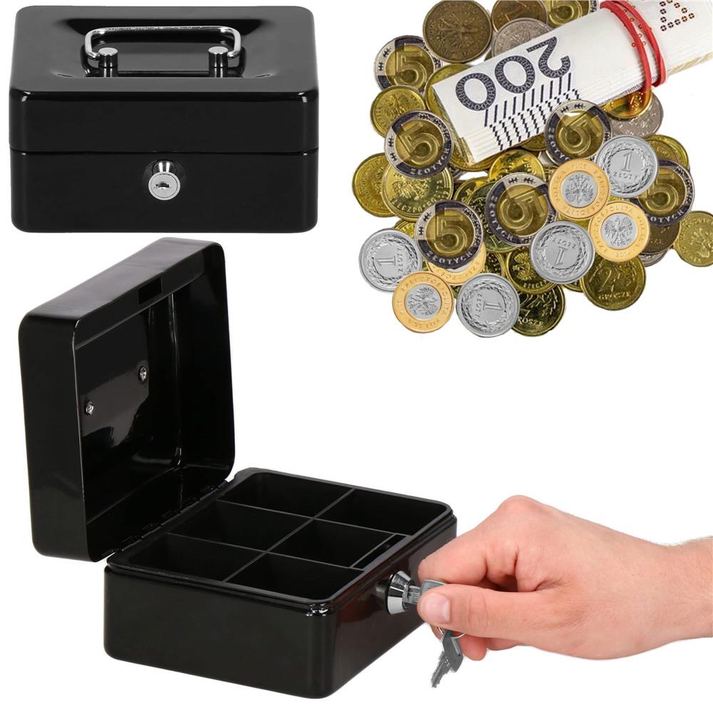 Caseta pentru bani tip cutie de valori, compartimentanta, cu cheie, metal, 15x12x8cm, negru