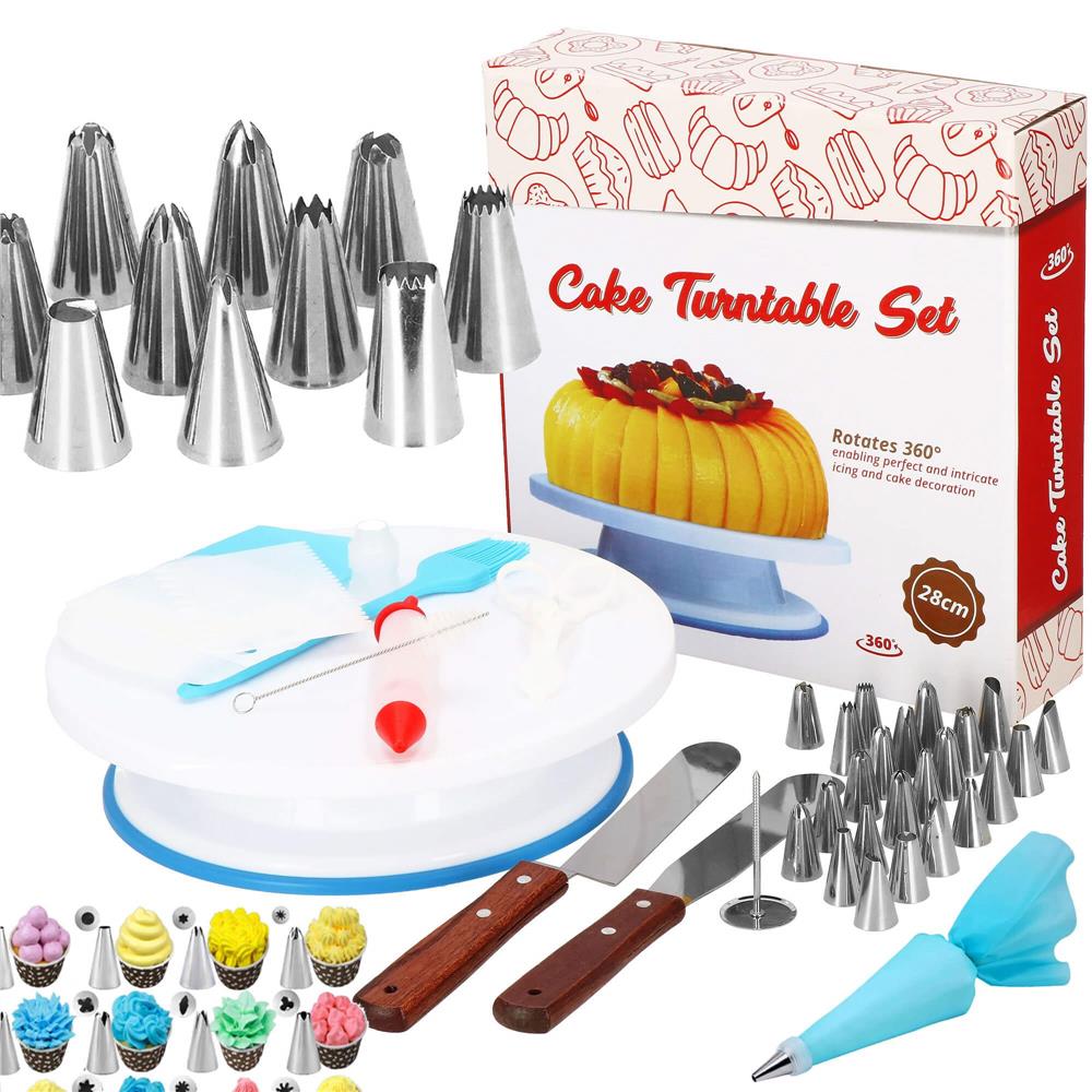 Set patiserie cu platou rotativ, 37 piese cu sabloane pentru ornarea prajiturilor