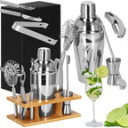 Set Cocktail Shaker Kit pentru barmani 550ml, KI22, suport bambus, 9 piese