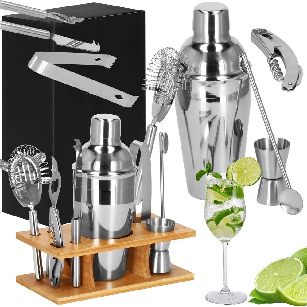 Set Cocktail Shaker Kit pentru barmani 550ml, KI22, suport bambus, 9 piese
