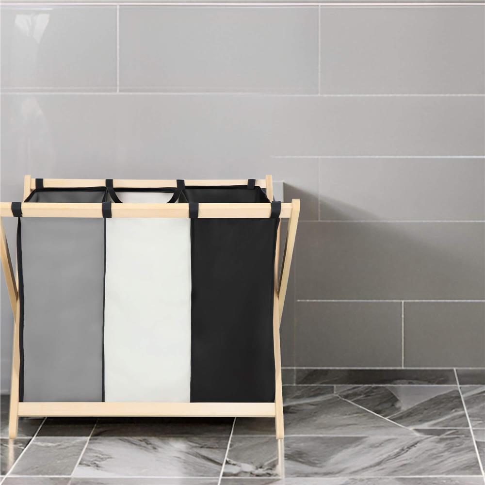 Cos de rufe cu 3 compartimente, cadru din lemn, 67x43x55 cm, 105 litri