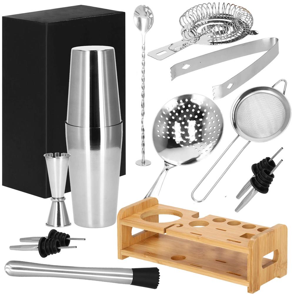 Set Cocktail Shaker Kit pentru barmani 750ml, KI11, suport bambus, 14 piese