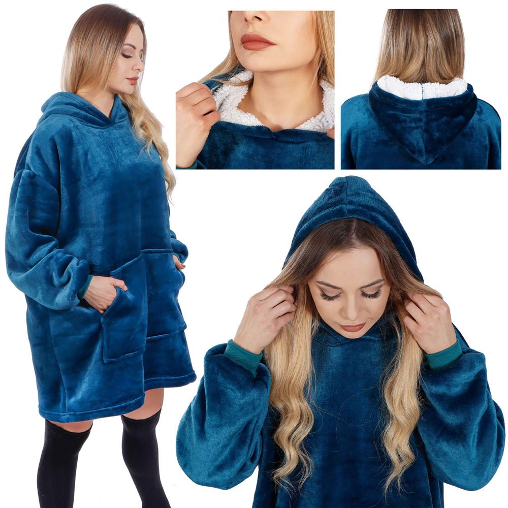 Patura tip hanorac, cu maneci, gluga si buzunare, material plus, marime universala, albastra